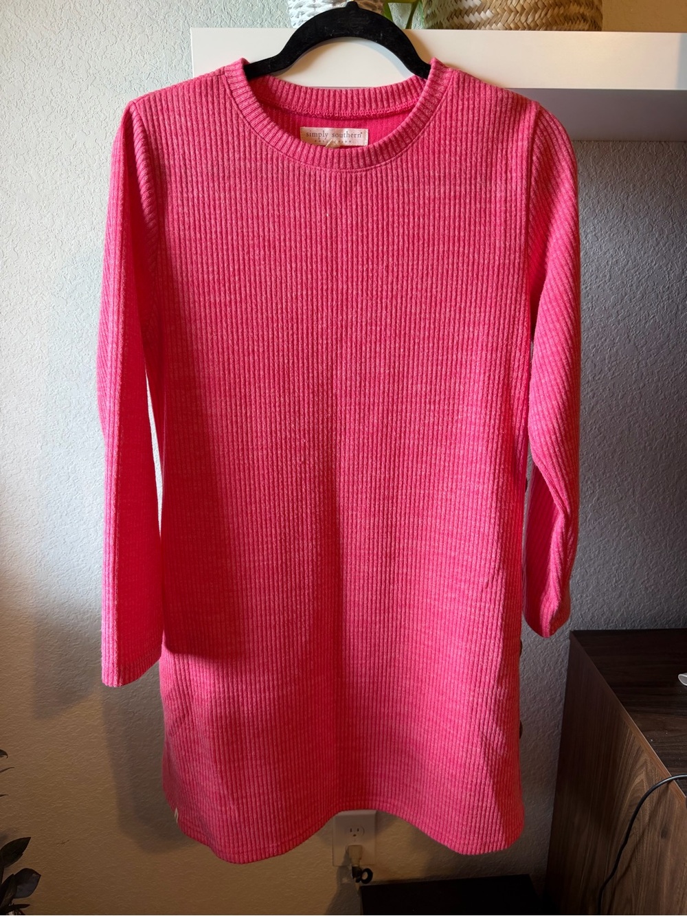 Simply Southern Hot Pink Ribbed Crewneck Sweater dress.